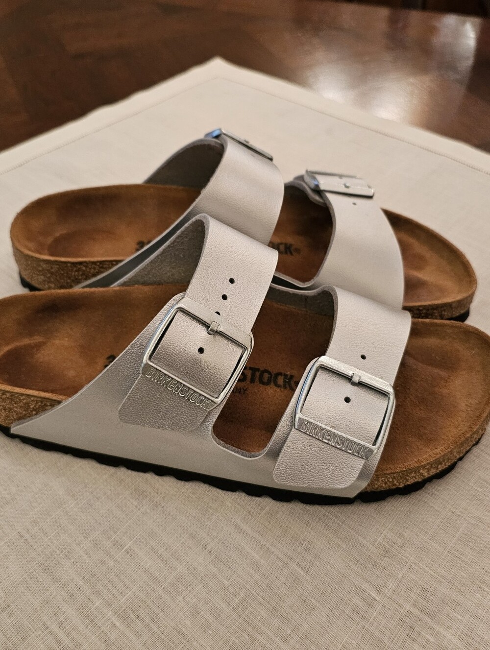 Birkenstock Women’s Arizona Silver Birko- Flor Two-Strap Slide Sandals 7 (38)